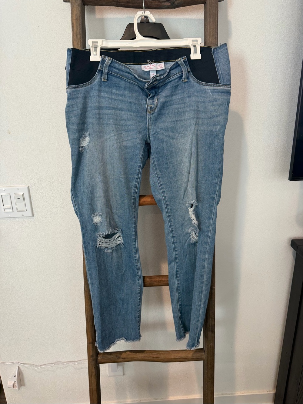 Light Wash Distressed Skinny Maternity Jeans with Stretch Panels